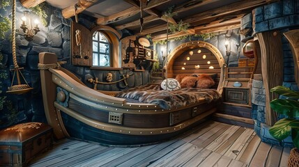 magical pirate ship themed bedroom with treasure chest decor childrens fantasy interior