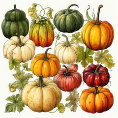 Watercolor Linocut Style Pumpkins Illustration, Generative Ai