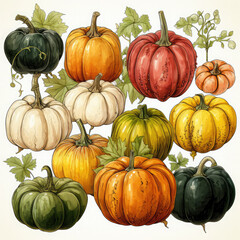 Watercolor Linocut Style Pumpkins Illustration, Generative Ai