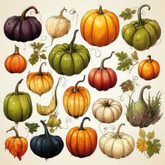 Watercolor Linocut Style Pumpkins Illustration, Generative Ai
