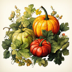 Watercolor Linocut Style Pumpkins Illustration, Generative Ai