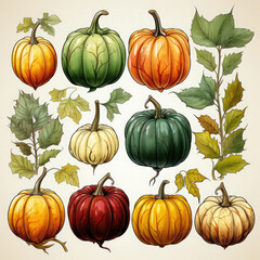 Watercolor Linocut Style Pumpkins Illustration, Generative Ai
