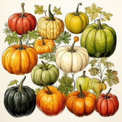 Watercolor Linocut Style Pumpkins Illustration, Generative Ai