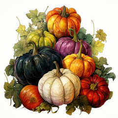 Watercolor Linocut Style Pumpkins Illustration, Generative Ai