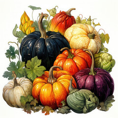 Watercolor Linocut Style Pumpkins Illustration, Generative Ai