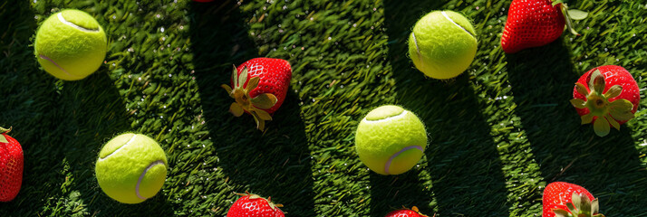 Overhead view of tennis balls and summer strawberries on a grass court background