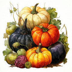 Watercolor Linocut Style Pumpkins Illustration, Generative Ai