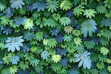 Lush Green and Blue Tropical Leaves in Dense Foliage

