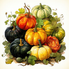 Watercolor Linocut Style Pumpkins Illustration, Generative Ai