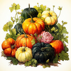 Watercolor Linocut Style Pumpkins Illustration, Generative Ai