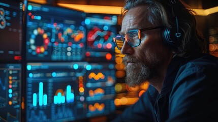 Focused engineer in glasses and headset working on computers, analyzing data on multiple monitors in a control room, cybersecurity concept.