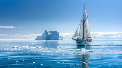 majestic sailboat navigating icy waters distant icebergs on horizon adventure photography