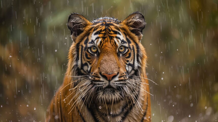 Naklejka premium Male Indian tiger in the rain portrait, wild animal nature