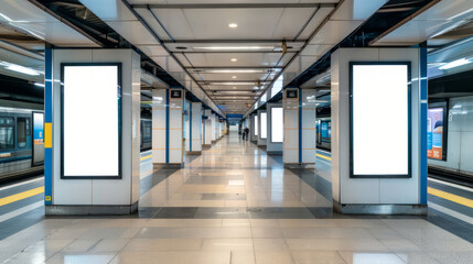 Empty modern subway station with illuminated advertisement boards - Powered by Adobe