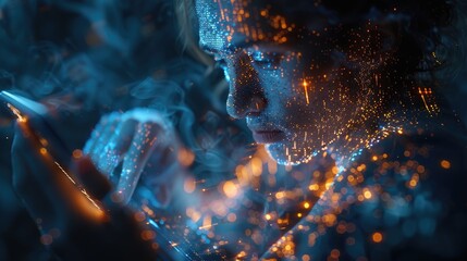 A person engrossed in a digital device amidst a surreal backdrop of technology and light effects depicting a futuristic environment.
