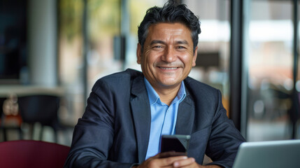Middle-aged Hispanic business manager using phone in office