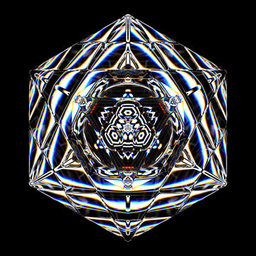 Graphic Design Poster Abstract Geometric Crystal Prism with Colorful Reflections - 3D Glass Cube with Futuristic Symmetry and Iridescent Light Spectrum