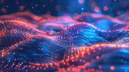 Abstract background with neon glowing particle dots on a blue wave landscape.