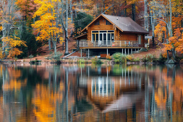 Obraz premium A tranquil lakeside cabin surrounded by trees in full autumn splendor, reflecting in the calm water.