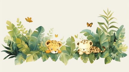 Watercolor drawing of design cute baby jungle animals on white background.