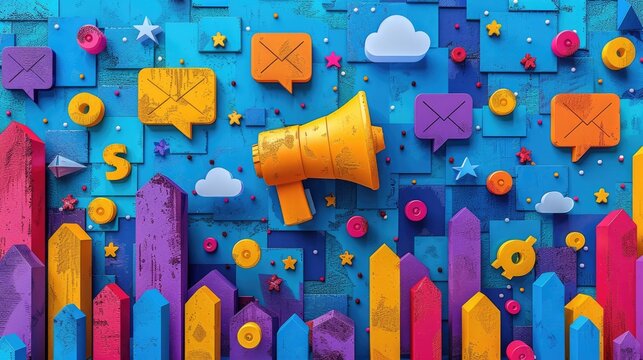Colorful social media background with megaphone and icons for email, chat, and clouds against a blue textured surface. - Powered by Adobe