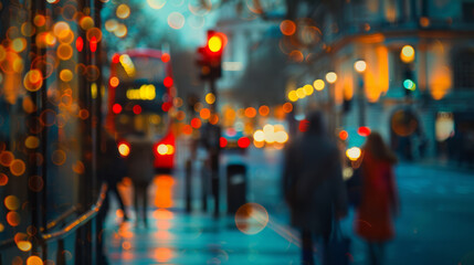 Bokeh street lights in London with blurred people and bus