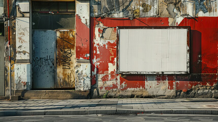 Blank signboard on old weathered wall with graffiti © standret