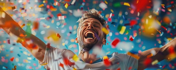 A man is jumping in the air with confetti falling around him. Scene is celebratory and joyful