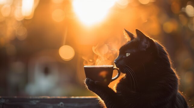 A black cat holding a steaming cup in its paw, enjoying the warm sunlight of an early morning in a serene outdoor setting.