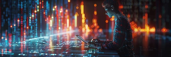 Cybersecurity professional analyzing data on digital screen with futuristic interface, bright lights and technological elements.