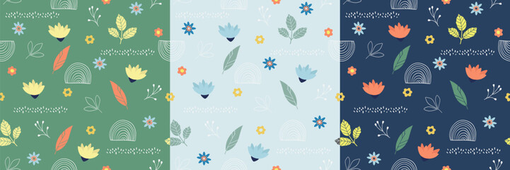 Colorful and bright springtime elements seamless pattern set. Leaves and flowers on blue background art