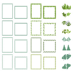 Colorful simple leaves empty frames collection. Decoration elements for childish design. Doodle garden herbs