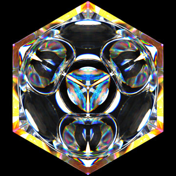 Graphic Design Poster Abstract Geometric Crystal Prism with Colorful Reflections - 3D Glass Cube with Futuristic Symmetry and Iridescent Light Spectrum