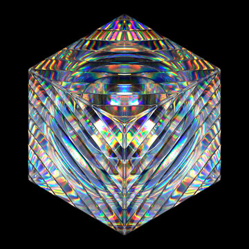 Graphic Design Poster Abstract Geometric Crystal Prism with Colorful Reflections - 3D Glass Cube with Futuristic Symmetry and Iridescent Light Spectrum