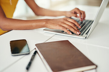 Woman, hands and research on laptop in office for typing or communication, task management and...