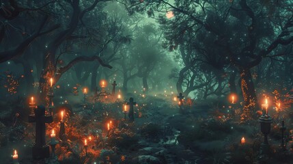 mystical halloween forest scene with eerie atmosphere and supernatural elements digital fantasy art
