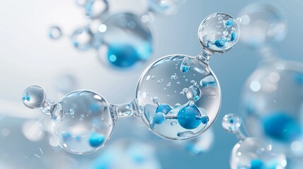 Abstract 3D Illustration of a Molecular Structure with Blue Spheres and Water Droplets