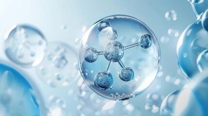 Abstract Molecular Structure with Blue Spheres and Bubbles, Concept of Science, Medicine, and Innovation