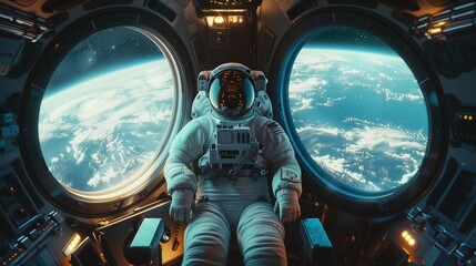 Tourists astronaut Experiencing Zero Gravity Inside a Spacecraft, Gazing at the Vast Expanse of Space and the Distant Earth, Enjoying Space Travel Adventure