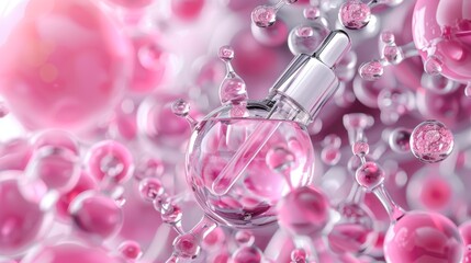 Pink Dropper Bottle Surrounded by Shiny Bubbles, Abstract Background for Beauty and Skincare Products, Cosmetics Concept