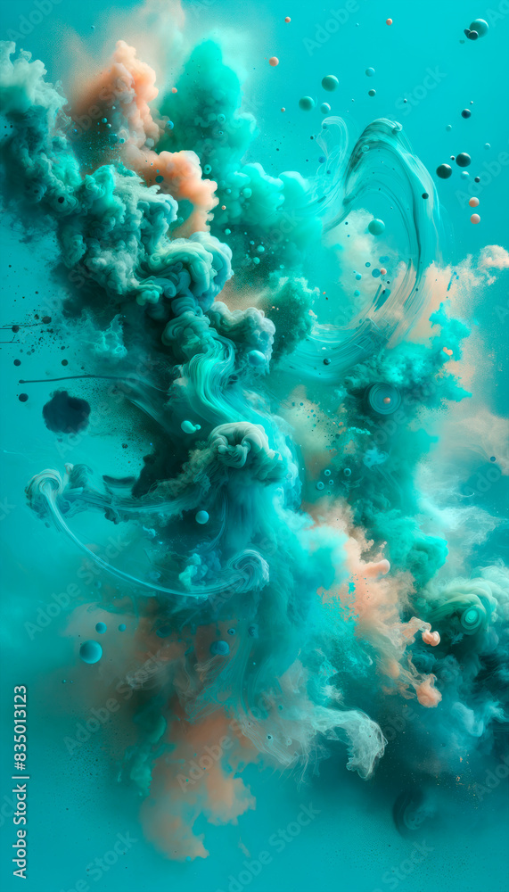Poster abstract swirling smoke patterns in turquoise and orange on a teal background, evoking a sense of fl