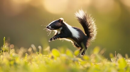 Obraz premium playful skunk jumping in midair cute wildlife animal action shot nature photography