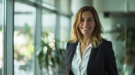 professional confidence business woman in suit standing in office with smile corporate portrait