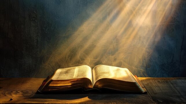 radiant light emanating from an open bible symbolizing divine wisdom and spiritual enlightenment conceptual still life