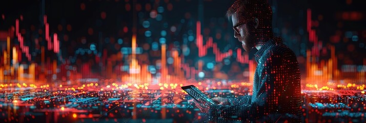 Man working on a digital tablet amidst futuristic data visualization. Technology, business, and innovation concept with neon lights and holographic charts.
