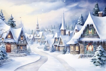 Winter village watercolor painting illustration, generative ai