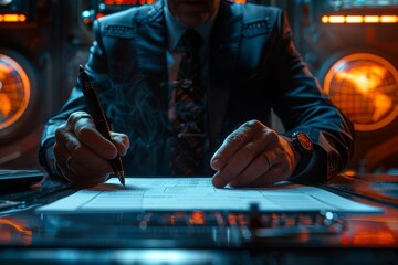 A translator preparing translation notes for a diplomatic meeting close up, diplomacy theme, futuristic, manipulation, briefing room backdrop
