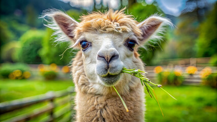 Fototapeta premium Cute funny alpaca fluffy eat grass
