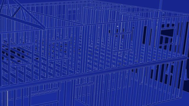 under construction house site, frame structure, with large machines, seamless looping 3D blueprint animation