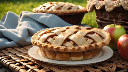 apple pie and apple on a wicker mat, Generative AI